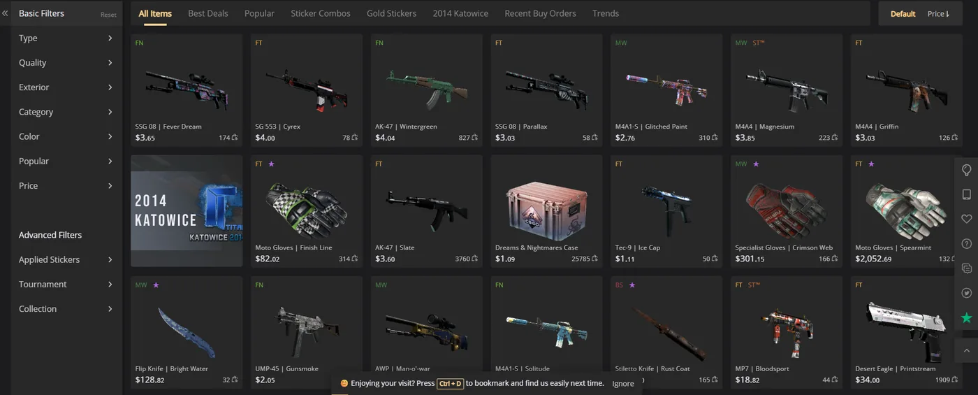 BUFF Market listing grid showing CS2 skins with prices and listing counts