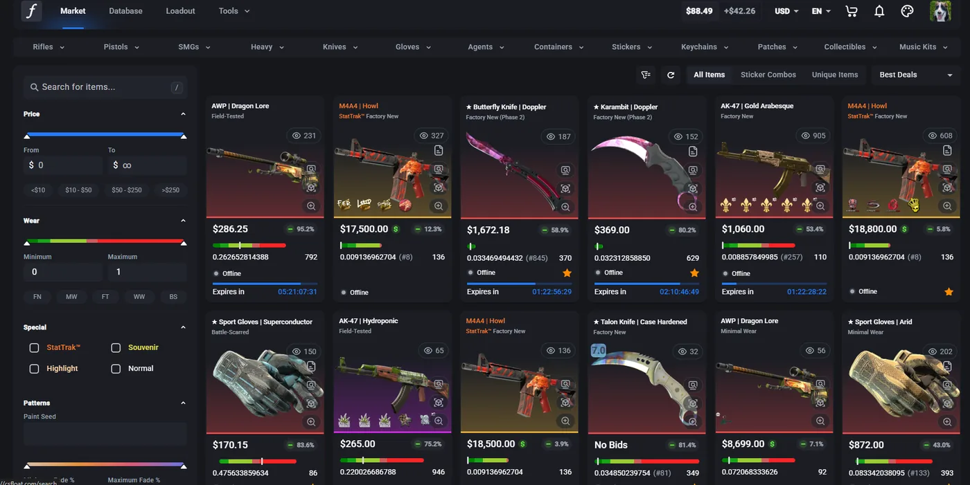 CSFloat marketplace showing high-tier listings including AWP Dragon Lore, M4A4 Howl and Butterfly Knife Doppler with float bars
