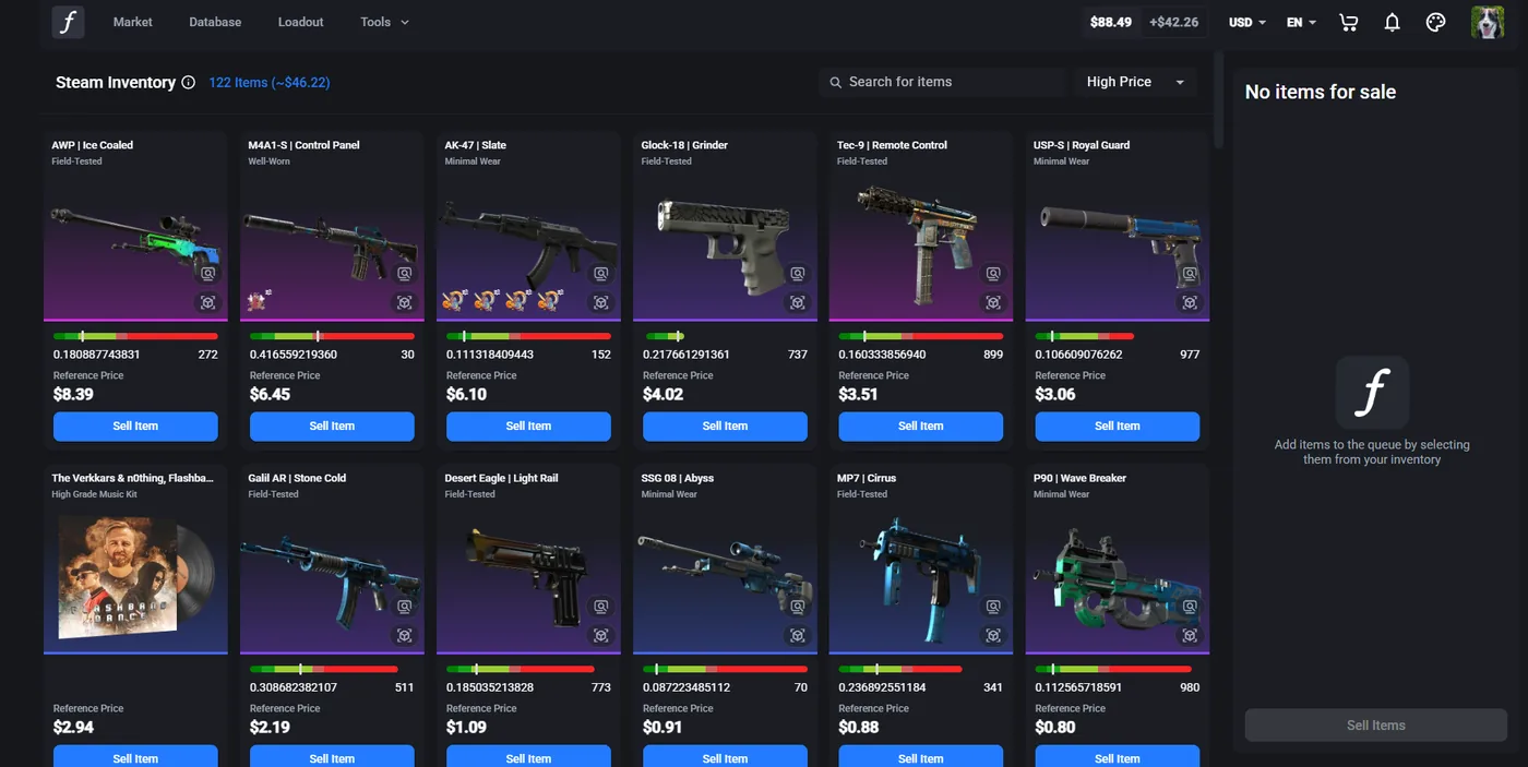 CSFloat selling page showing a Steam inventory with reference prices and Sell Item buttons