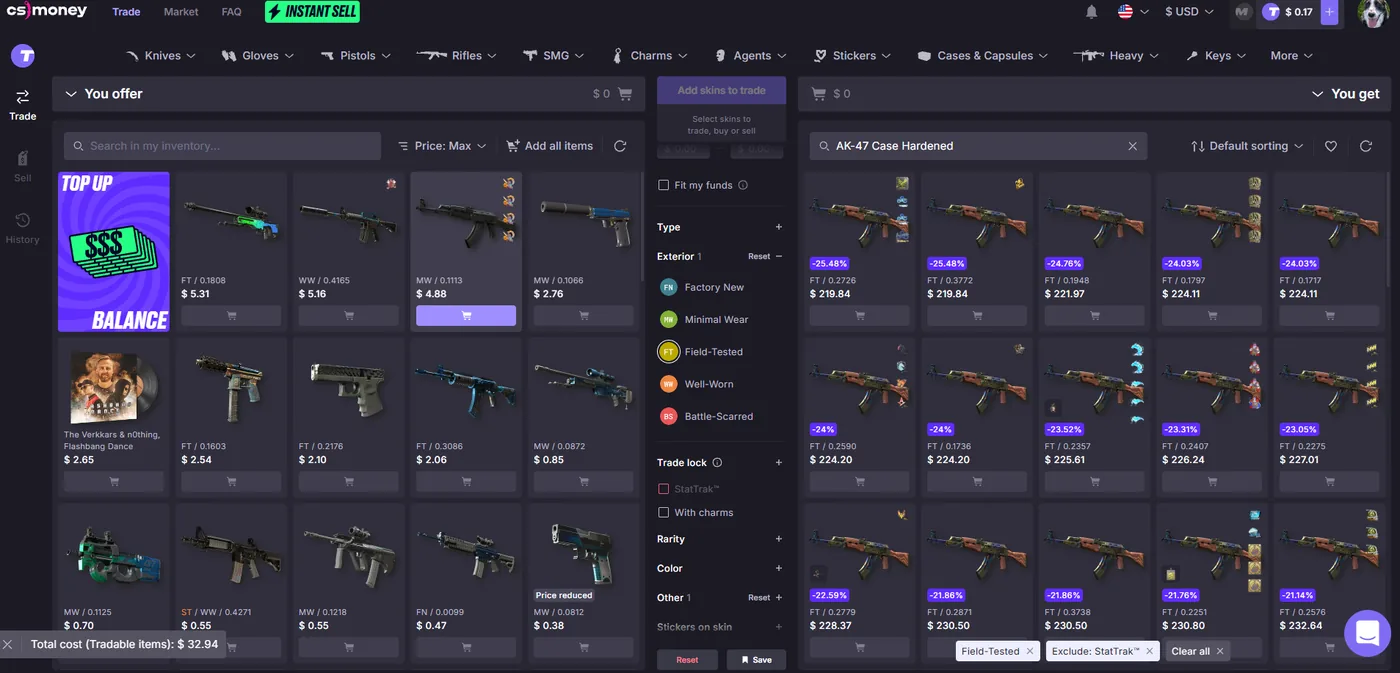 CS.money trade interface showing AK-47 Case Hardened listings priced differently depending on float value