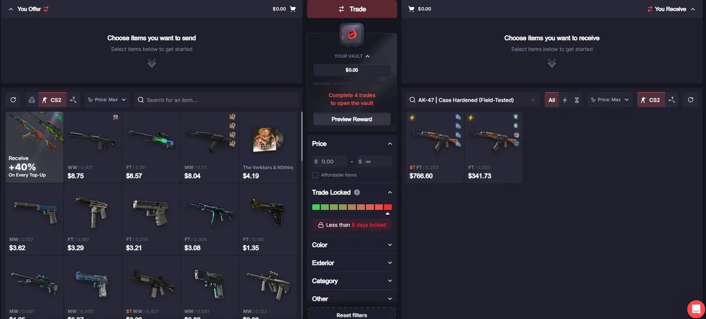 SkinSwap trading interface with the inventory on the left and available AK-47 Case Hardened items on the right
