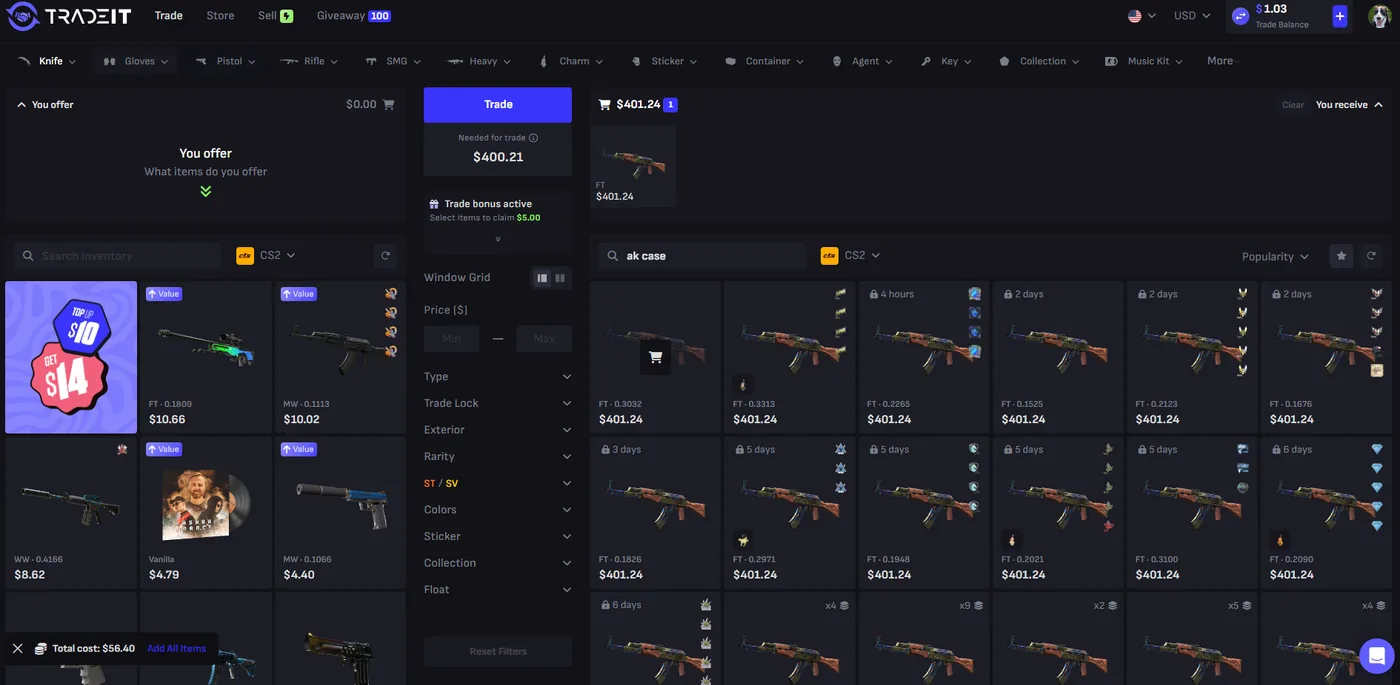 Tradeit trading interface showing AK-47 Case Hardened listings at identical prices across different float values