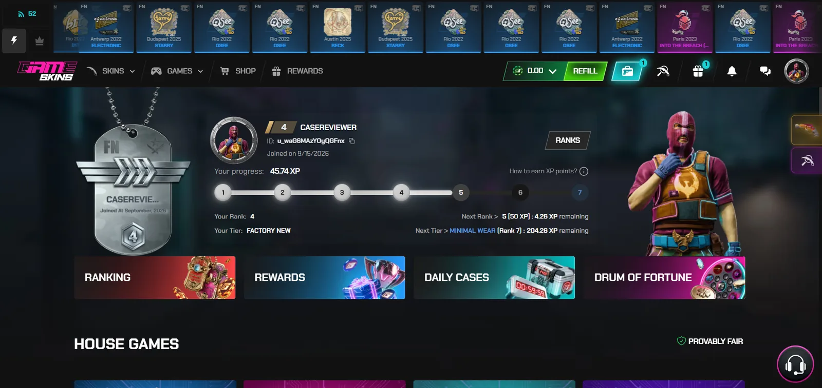 JamSkins homepage with rank progress