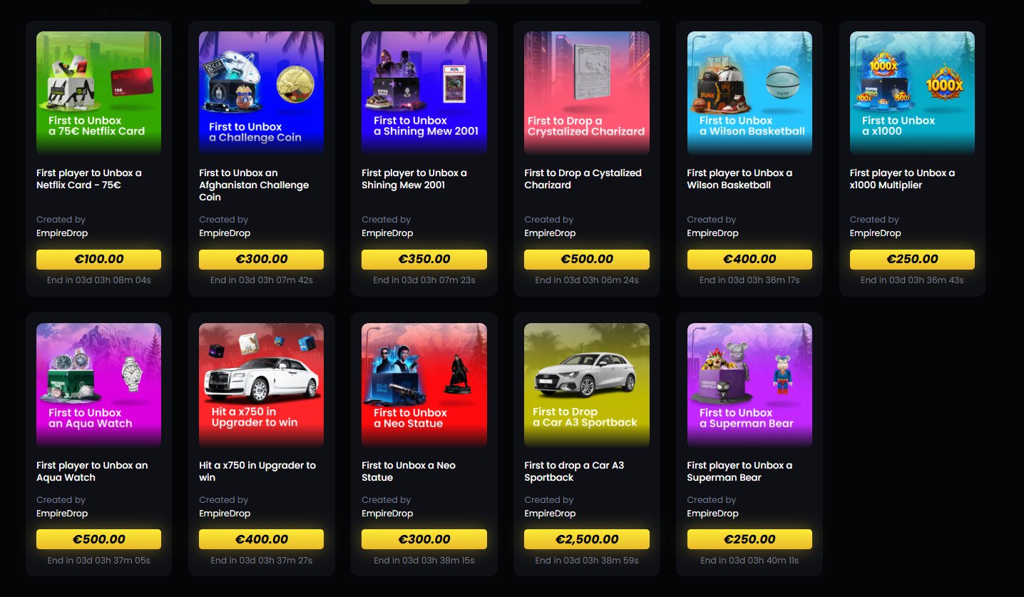 EmpireDrop challenges showing first-to-unbox bounties for items like Netflix card, Shining Mew, Wilson basketball and more