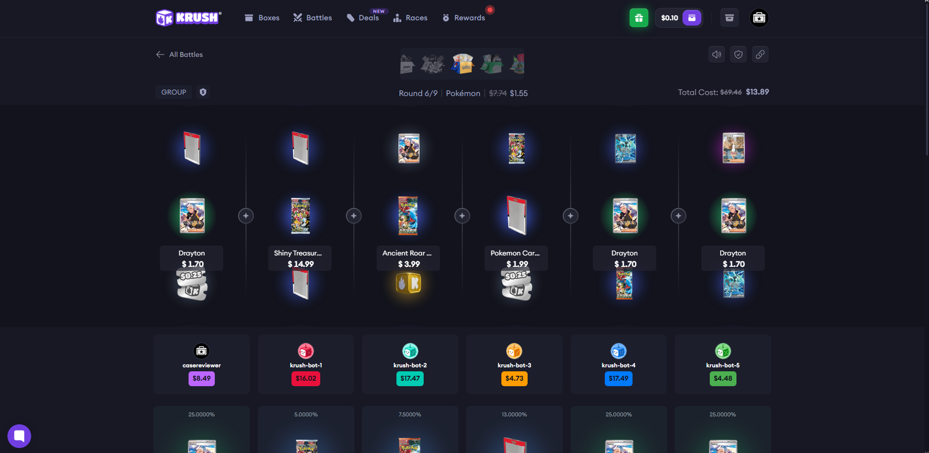 Krush.gg live box battle in progress with real-item drops